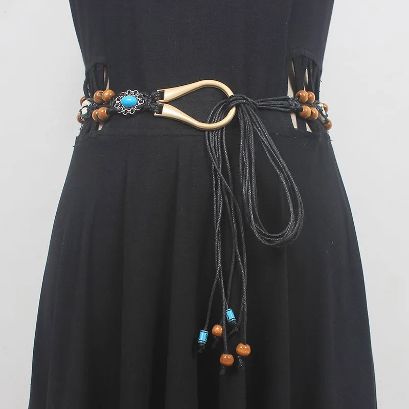 Bohemian Ethnic style Handmade wood bead shell knot belt casual holiday  delicate waist rope women's fashion accessories