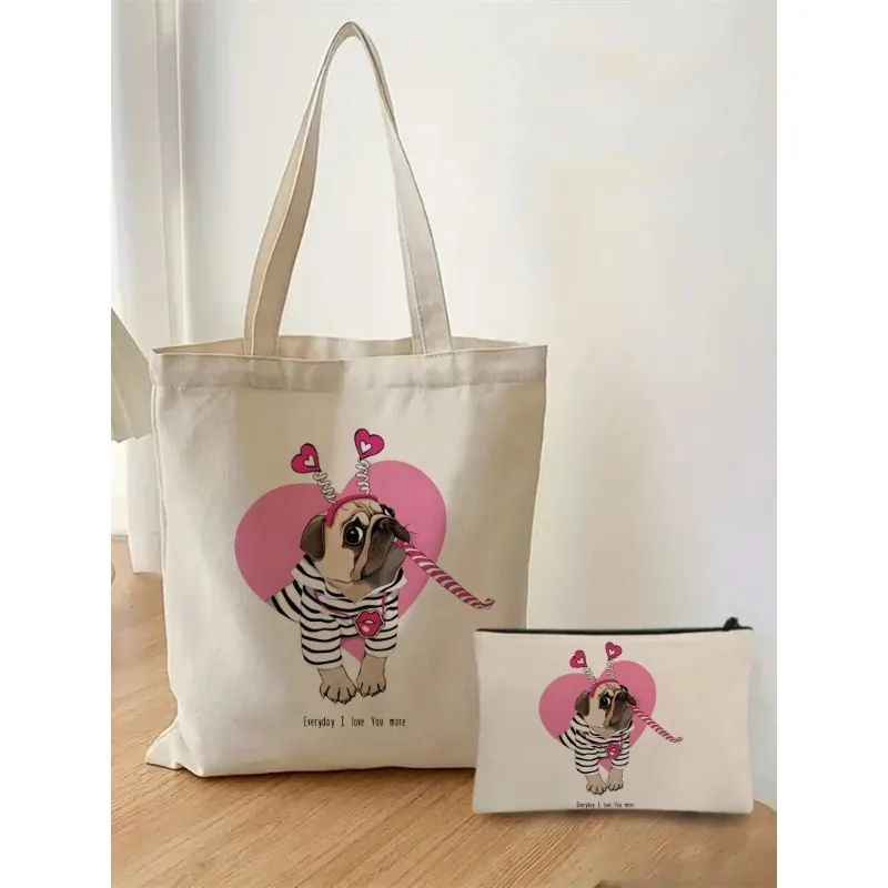 2pcs/set Pug Life Pug Anatomy Handbag Cosmetic Organizer Fashion Casual Shoulder Bag Eco Women\'s Shopping Bag Schoolbag