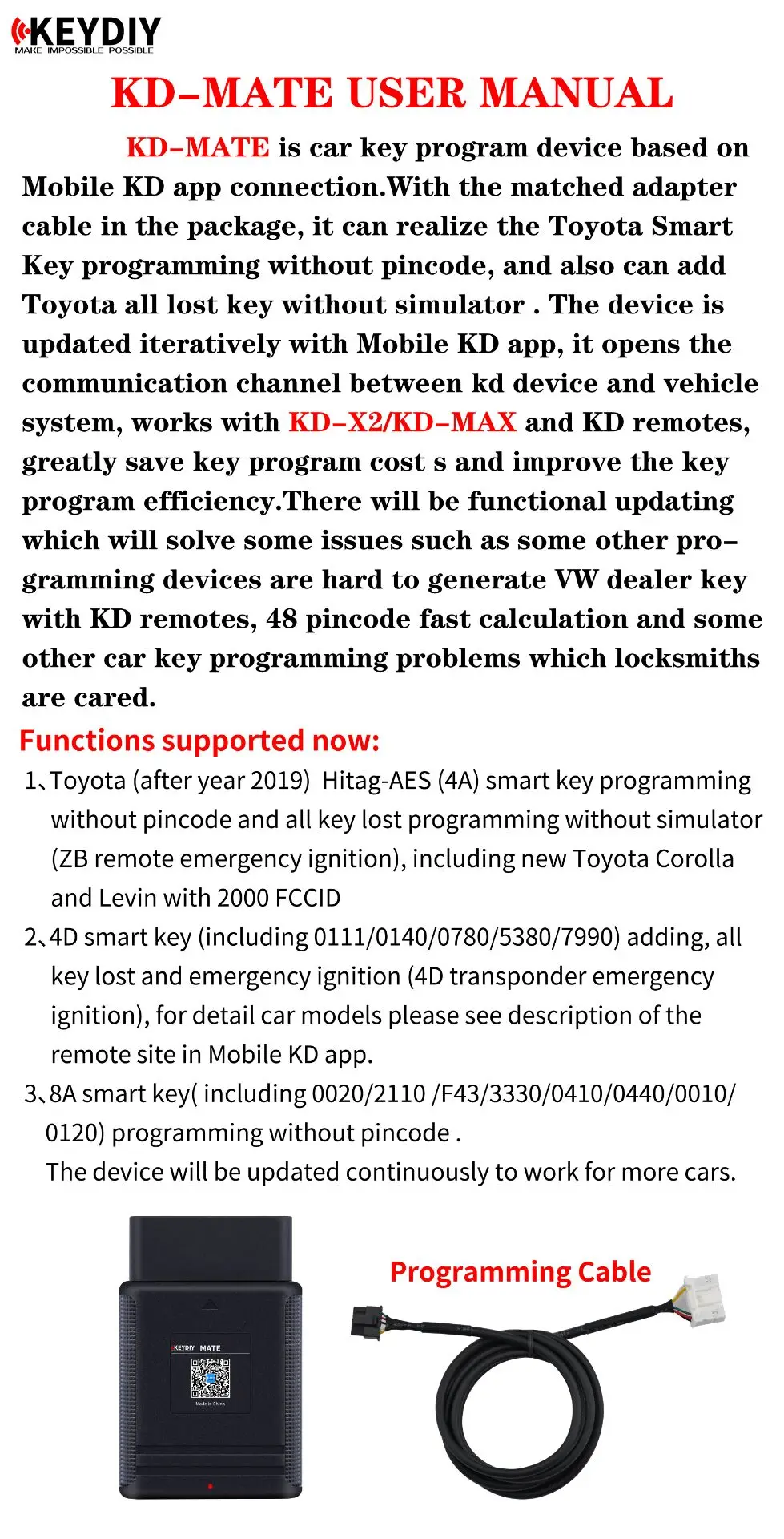 أحدث مبرمج KEYDIY KD-MATE KD MATE Connect يعمل مع KD-X2/KD-MAX للمفاتيح الذكية Toyota 4A/4D/8A وجميع المفاتيح المفقودة