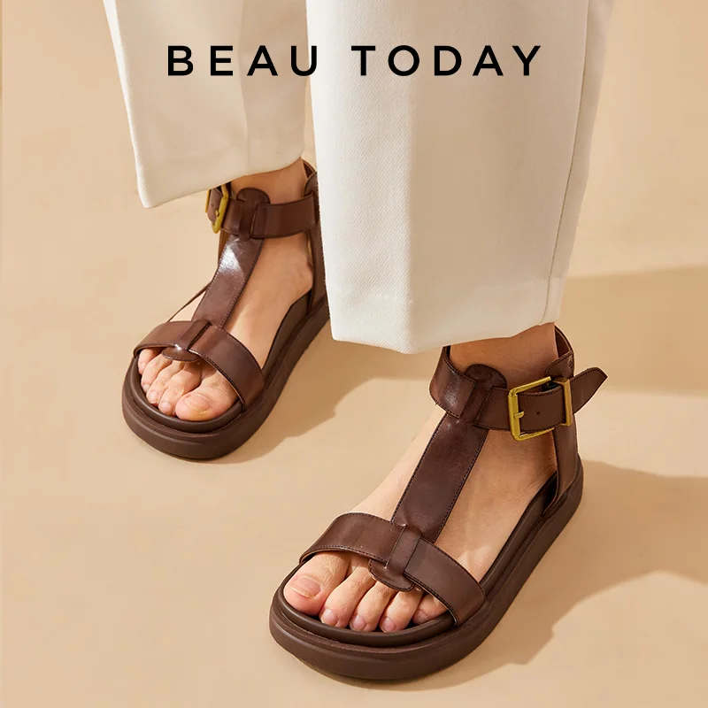 BEAUTODAY Gladiator Sandals Women Genuine Cow Leather T-Strap Platform Sandal Leisure Summer Ladies Shoes Handmade 32429