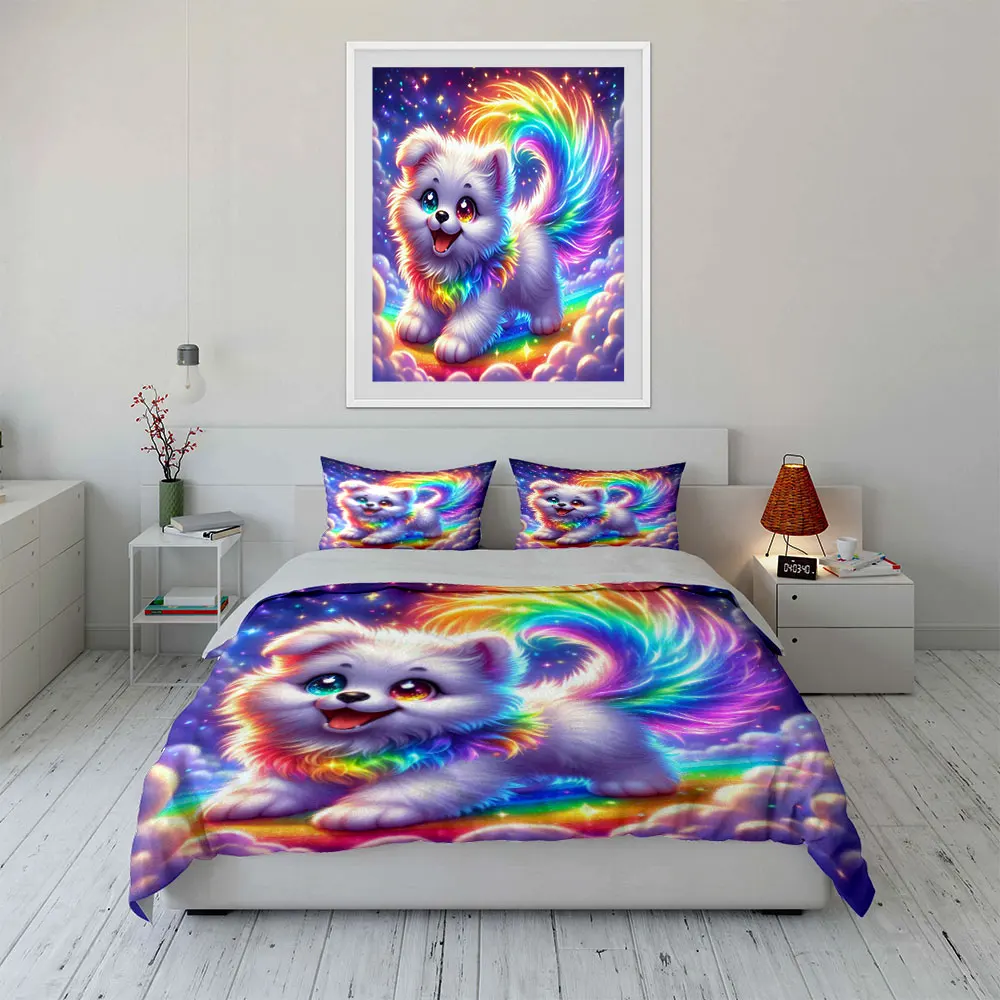 Rainbow puppy in sparkling sky Duvet Cover Set with 3D Printing Design Soft Polyester Bedding Set All-Season Comfort for gifts