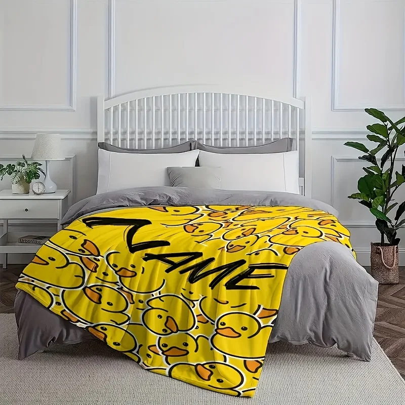 1pc text customization for multiple small yellow duck printed flannel blankets, personalized soft and warm digital printed
