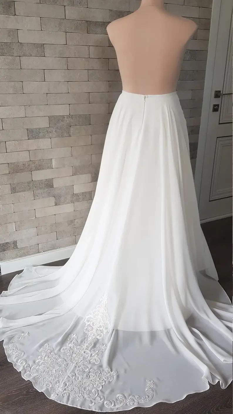 Chiffon Wedding Skirt With Train Bridal Separations Wedding Overskirt Chiffon Bridal Skirt Train, Removable applique Skirt Train