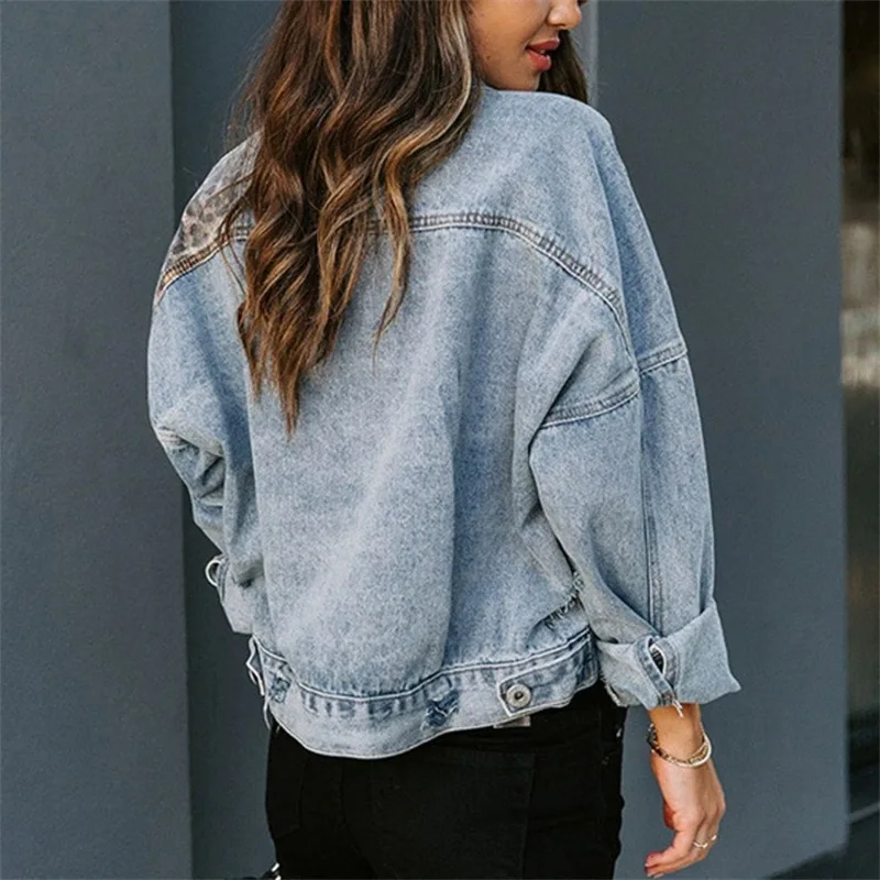 Denim Jackets Leopard Print Patchwork Cowboy Blazer Fashion Female Clothing Plus Size Lapel Button Loose Coats Autumn Winter