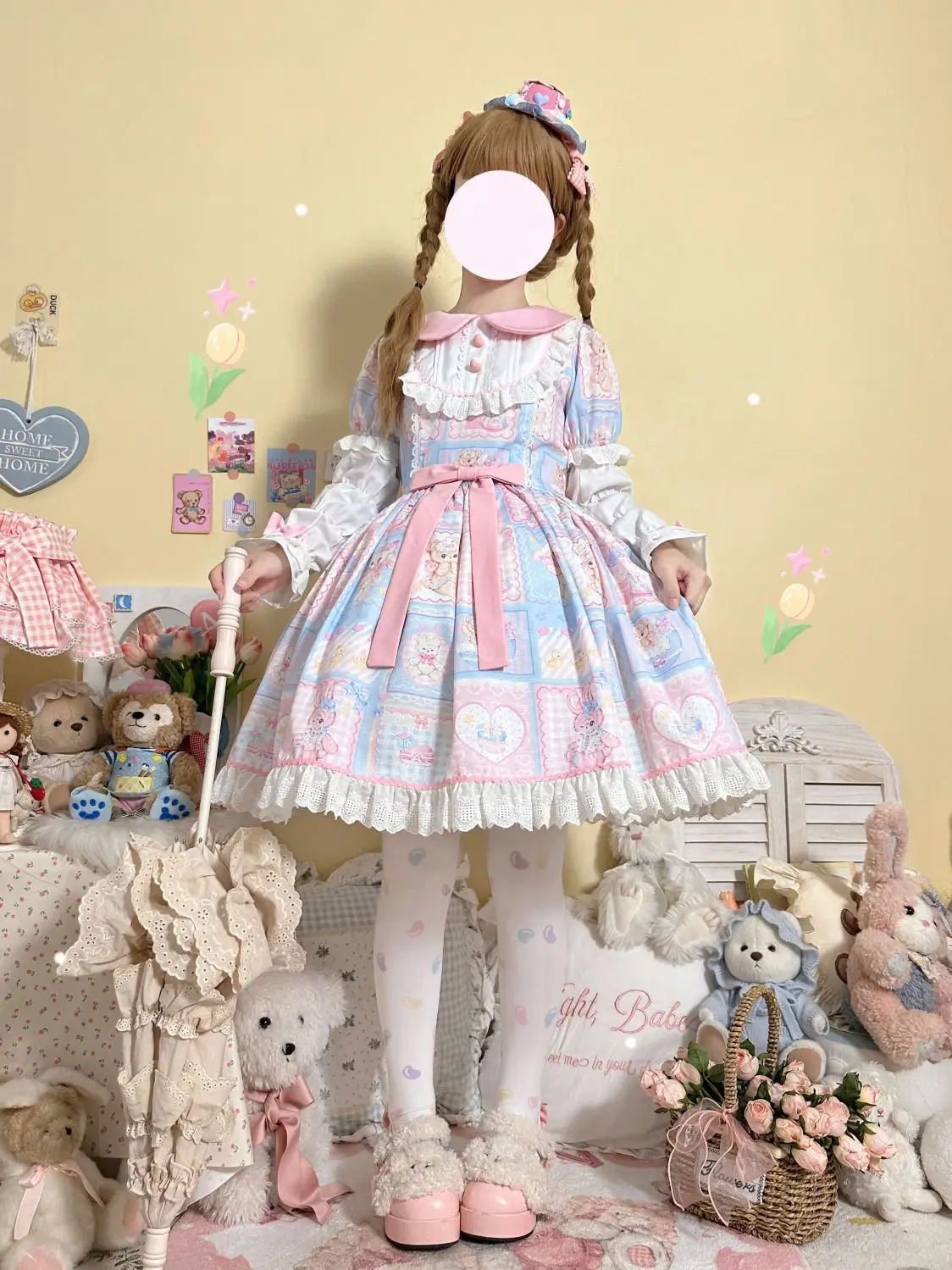 Kawaii Sweetheart Lolita OP Dress Autumn Girls Cute Lace Bow Cartoon Bunny Tea Party Dresses Women Japanses Lovely Chic Vestidos