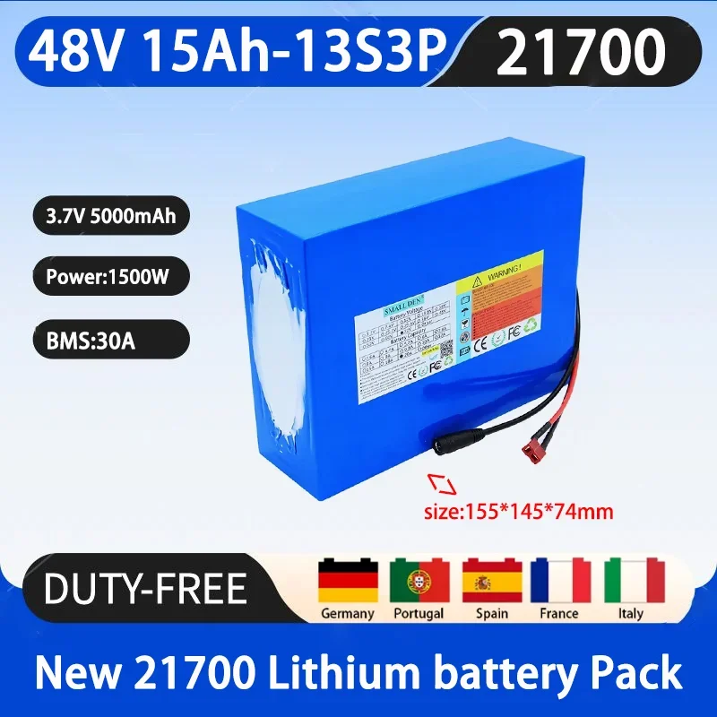 New 48V 15Ah 21700 13S3P lithium-ion battery pack with 1500W outdoor backup battery, equipped with 30A BMS+54.6V 3A charger