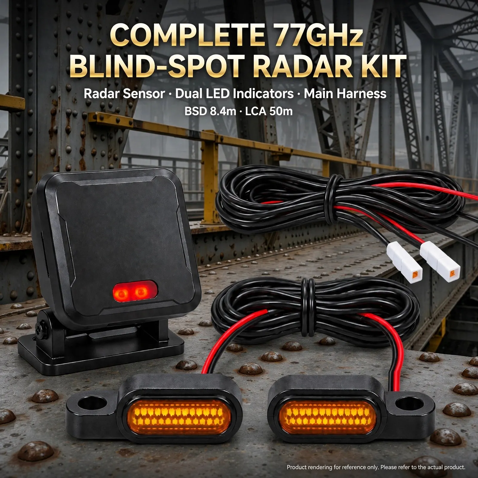 77GHz Motorcycle Blind Spot Radar Kit – Dual LED Indicators for Rear Warning, 70m Maximum Rear Detection, BSD 8.4m and LCA 50m w