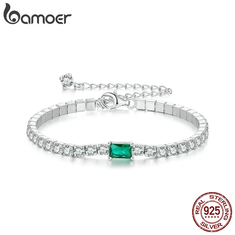 BAMOER 925 Sterling Silver Green Cubic Zirconia Tennis Bracelet Classic Adjustable Link Bracelet for Women Fine Jewelry BSB179