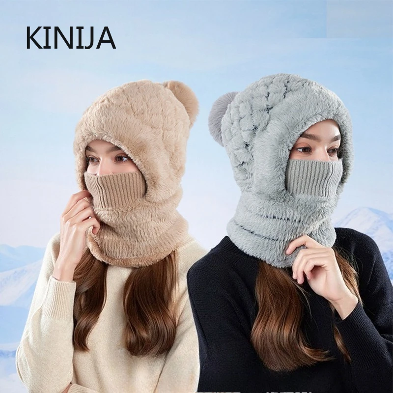 Winter-Strickmütze, Gehörschutz, Sturmhaube, flauschige Maske, Hals, einteilig, Kapuzenmütze, Outdoor, verdickte Wollmütze für Skifahren