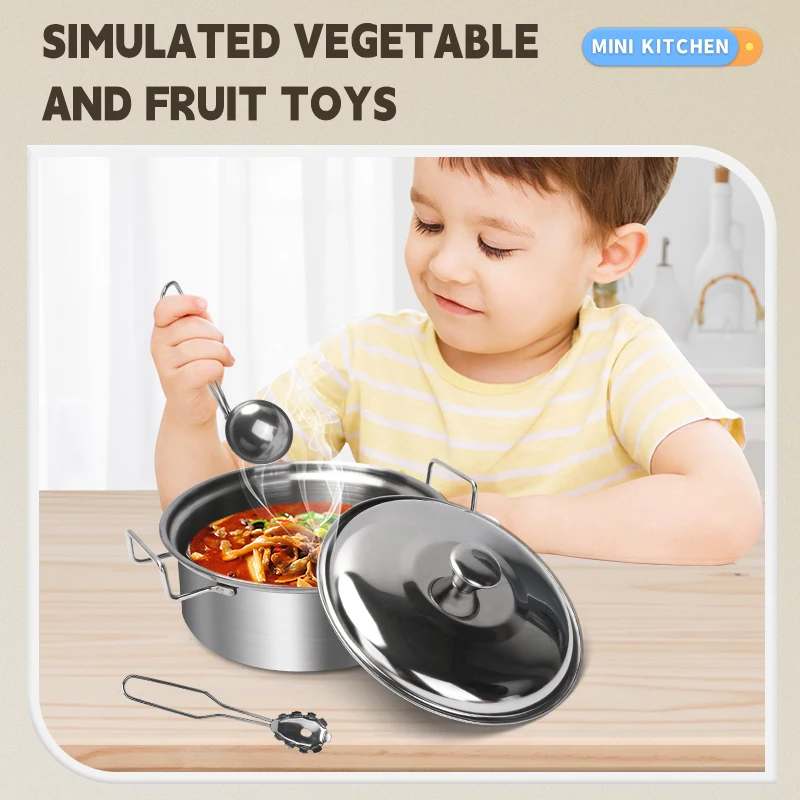 Zestaw zabawek kuchennych dla dzieci ze stali nierdzewnej z prawdziwymi metalowymi przyborami kuchennymi, garnkami i patelniami - akcesoria do zabawy w udawanie dla dzieci