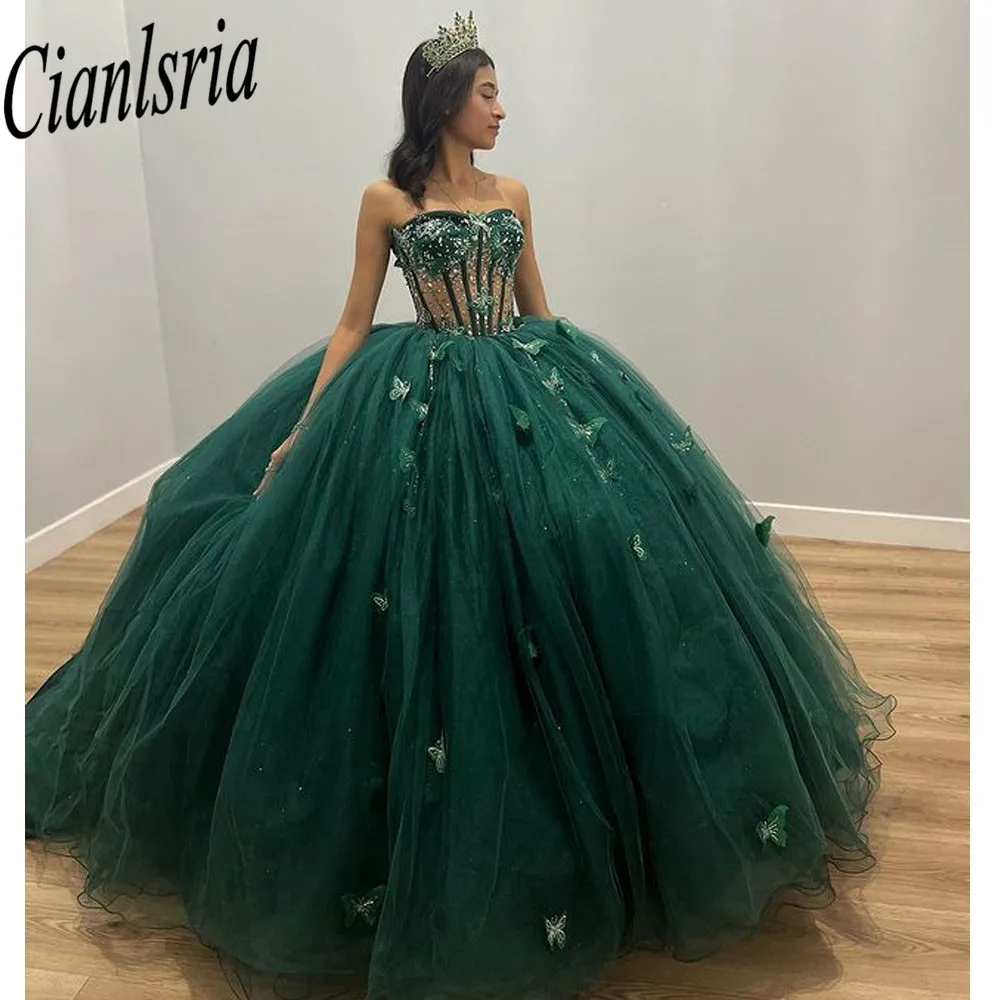 Emerald Green Vestidos De Años Quinceanera Dress 2023 Applique Lace Beads Rhinestones Princess Dress For 15 Year Birthday Corset