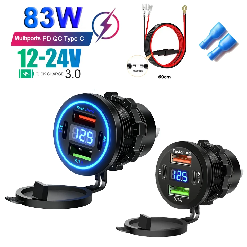 PD30W Car Charger Cigarette Lighter Socket Waterproof USB Fast Charge With Voltmeter 12/24V Quick Charge Adapter