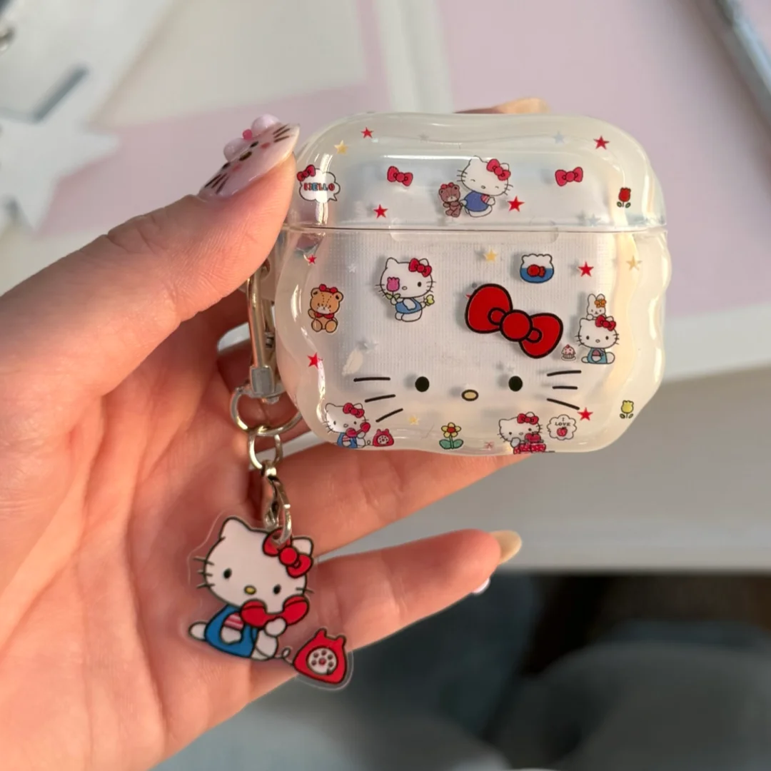 Capa Protetora de TPU para Fone de Ouvido Sem Fio Bluetooth Sanrio Hello Kitty com Laço para Airpods 4 2 3 1 Pro 2 3