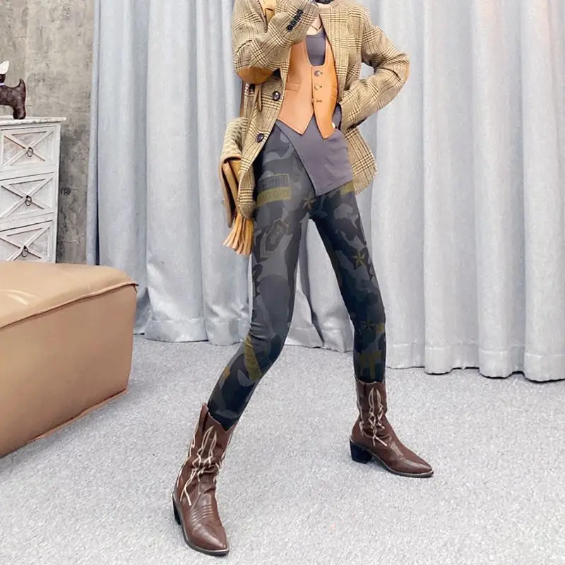Fashion Contrasting Color Thickened Leggings for Women European High-waisted Trousers Autumn Winter Tight Pants for Small Feet