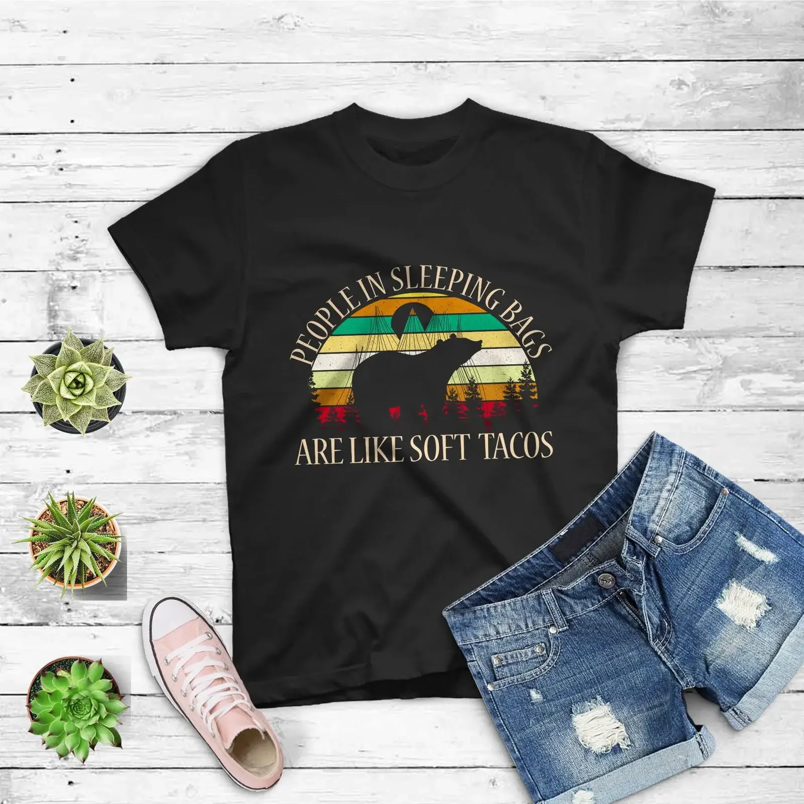 Funny Camping T shirt Grizzly Bear Soft Taco vintage Washed fashion Top For Everyday Wear homme Comfortable Stretched Slightly