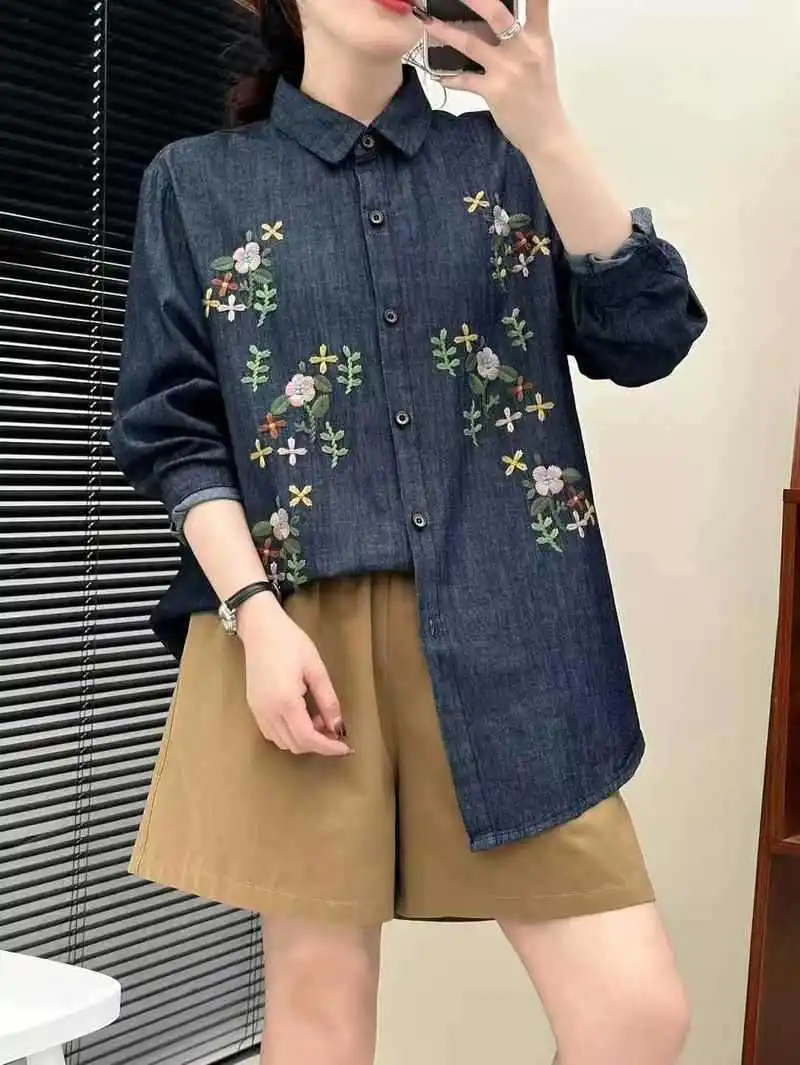 

New 2026 Spring Long Sleeve Denim Shirt, Women Turn-down Collar Floral Embroidery, Mori Girl Preppy Style Loose Blouse T61527CC