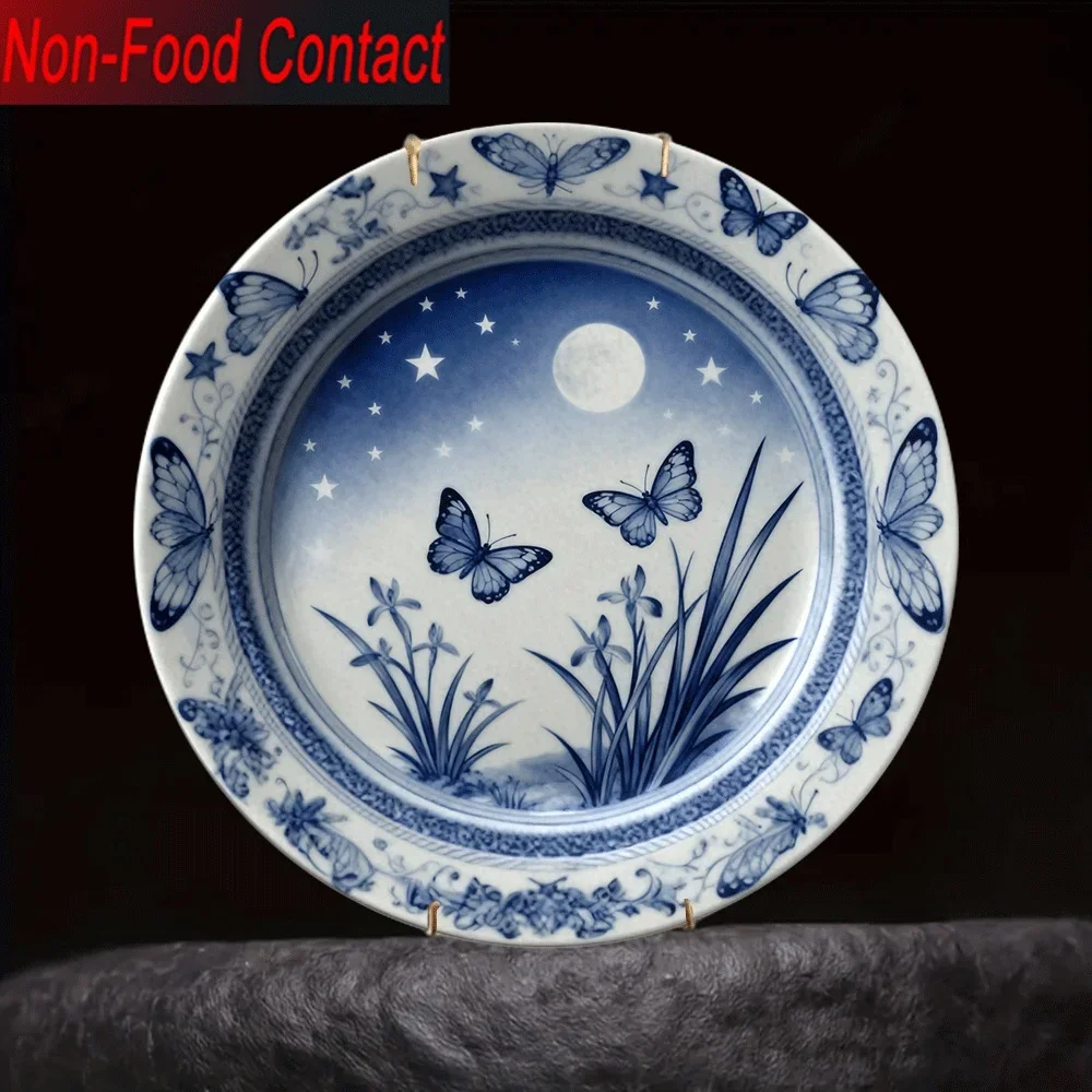 1pc Elegant & Porcelain Ceramic Decorative Plate - Round Non-Food Contact Tabletop Decor with Butterfly, & Stars Design,