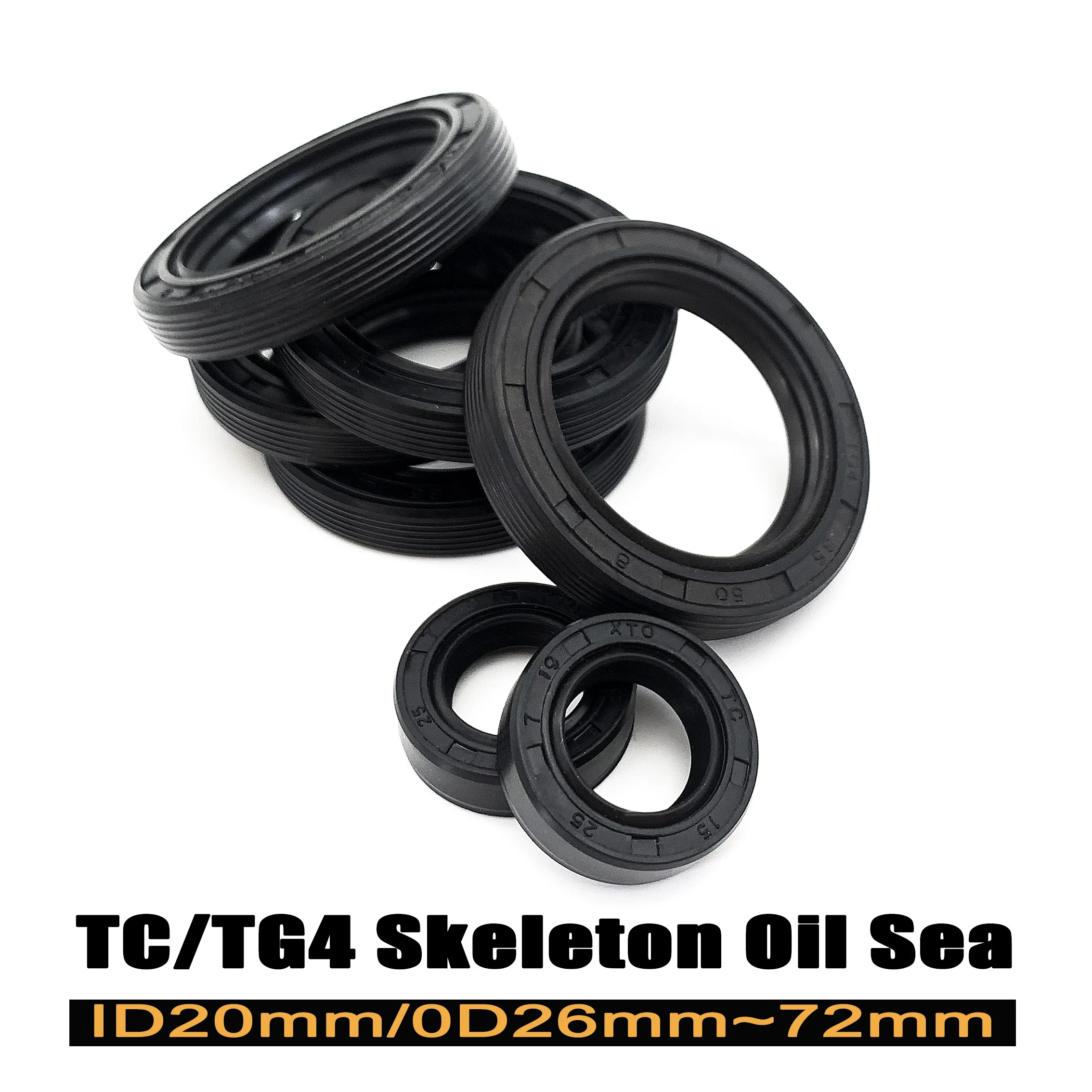 Uszczelniacz olejowy TC/TG4, średnica wewnętrzna 20 mm, średnica zewnętrzna 26~72 mm, olejoodporny/odporny na zużycie/ucieranie, zapobiegający wyciekaniu oleju, czarny, gumowy pierścień uszczelniający z NBR (kauczuk nitrylowy)