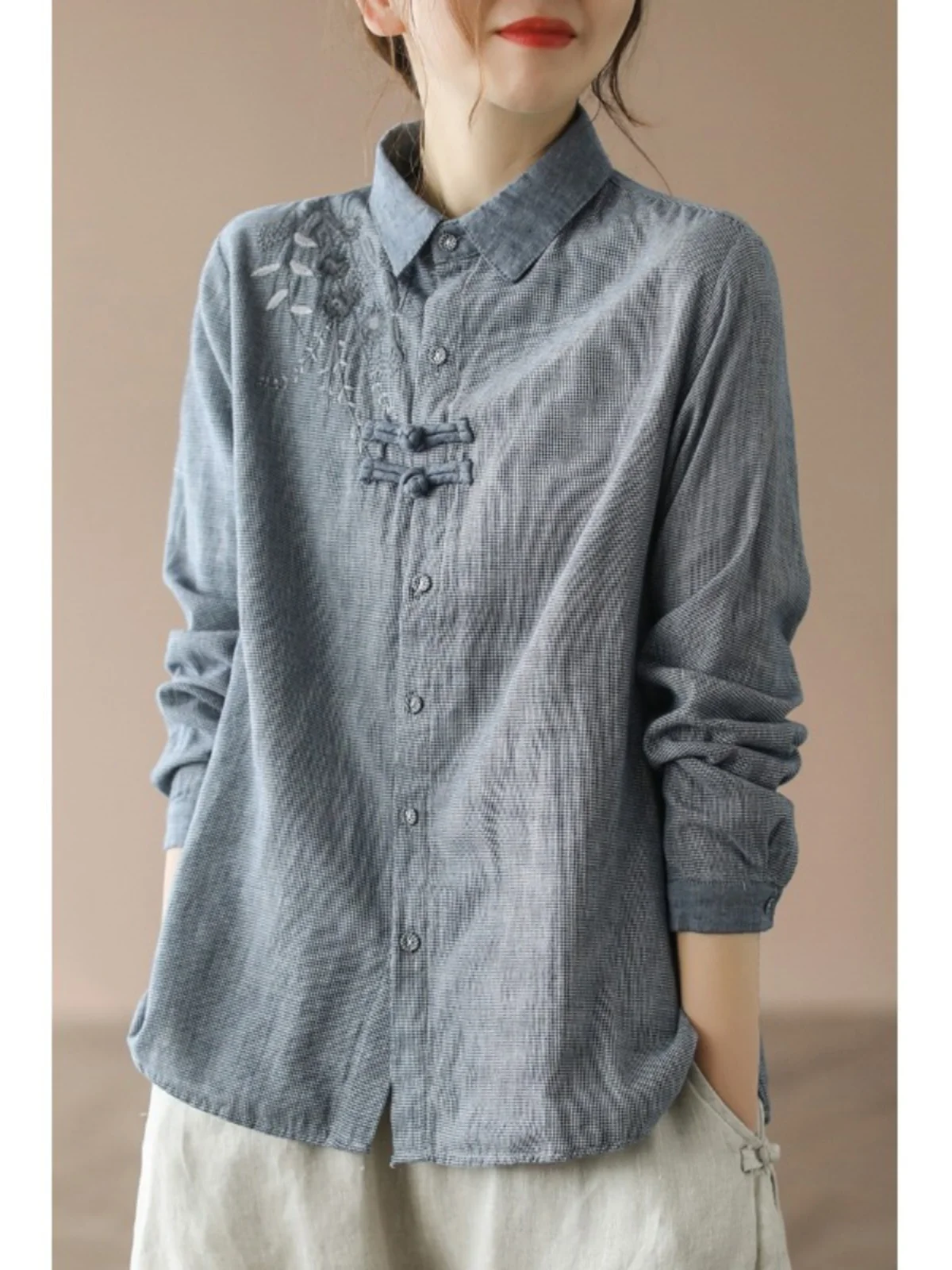 

Retro Early Autumn Long Sve Collar Button up Slim Fit Casual irt Embroidered Plaid Large Size Women's Clothing