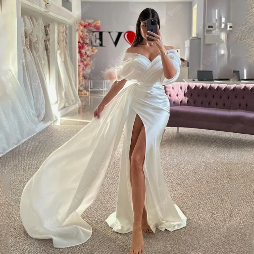 Vestidos de casamento brilhantes de cetim para mulheres, sem ombro, decote em v, sem costas, vestidos de noiva princesa, 2024