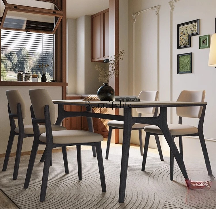 Travertine rock slab dining table in the ancient style rectangular simple solid wood dining table