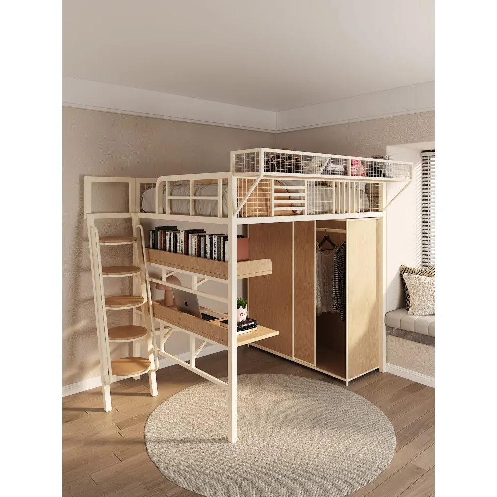Modern Space Saving Loft Bed Metal Hanging Bunk Bed with Under-bed Cabinet Single High Sleeper Frame for Small Apartment