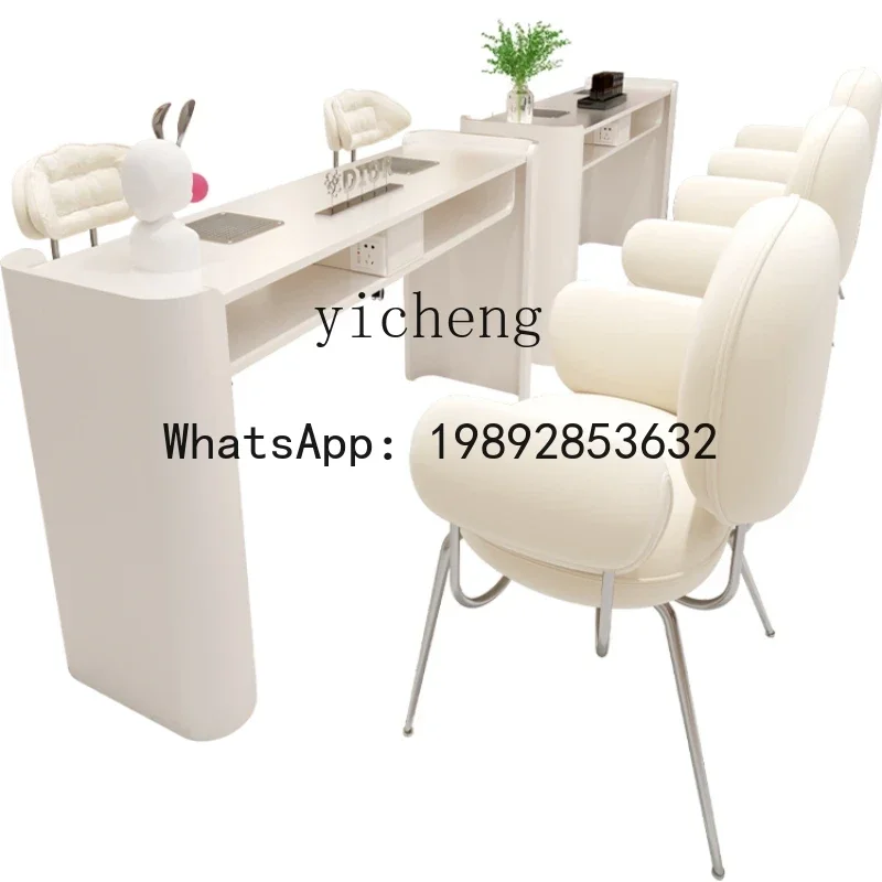 AA New Upgraded Stainless Steel Cream Style Nail Table and Chair Set Embedded Vacuum Cleaner Socket Nail Table
