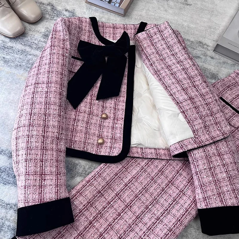 Spring Bowtie Elegant Pink Two Piece Skirt Style Set New Elegant Work Office Coarse Tweed Coat with High Waist Long Skirt Women