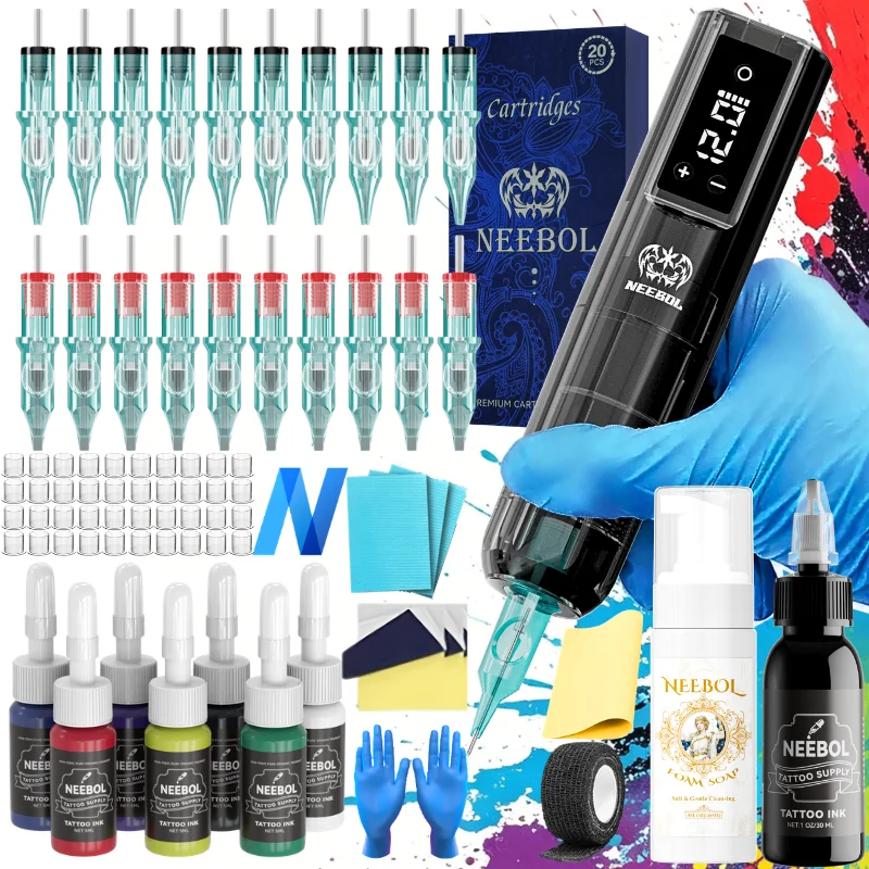 Neebol Tattoo Gun Kit Complete Set, Wireless Rotary Tattoo Pen with Display Screen, 2000mAH Battery Cordless Tattoo Machine with 20/10 Cartridge Needles, 7-color inks, Ergonomic Design, Full Tattoo Supplies for Beginners and Artists, Body Art Makeup Gift