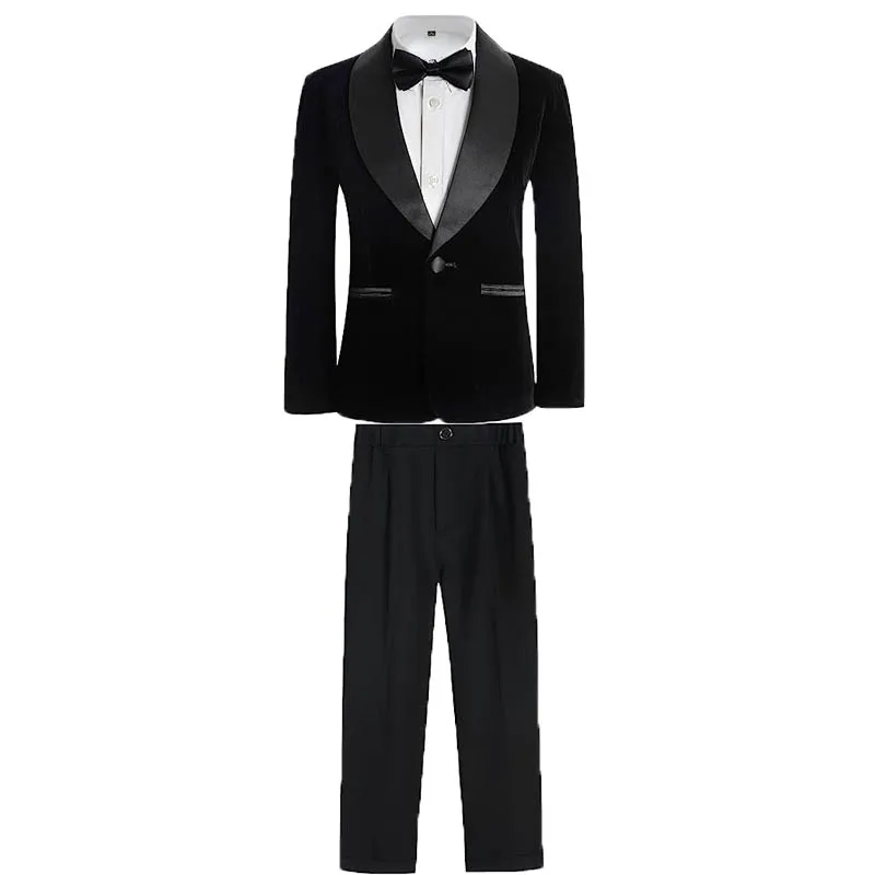 

Kids Velvet Jacket Pants Bowtie 3PCS Photograph Suit Flower Boys 1Year Birthday Dress Children Wedding Performance Evening Set