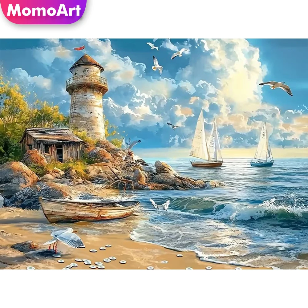 Momoart 5D DIY Diamantmalerei Leuchtturm-Landschaft Vollquadratische und Runde Diamant-Stickerei Küstenlandschaft Neuerscheinung Mosaik Kindergeschenk