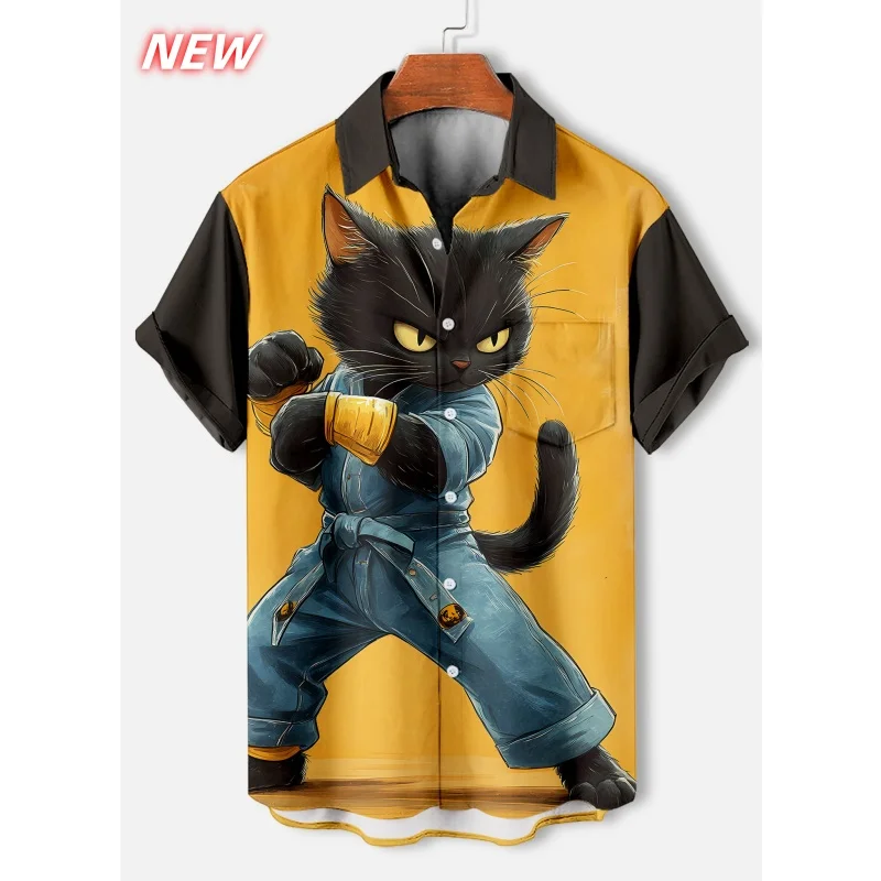 

Fun Bird Cat Pattern Hawaiian Shirt Men Lion 3D Printed Short Sleeve Blouse Casual Vacation Beachwear Button Loose Aloha Shirts