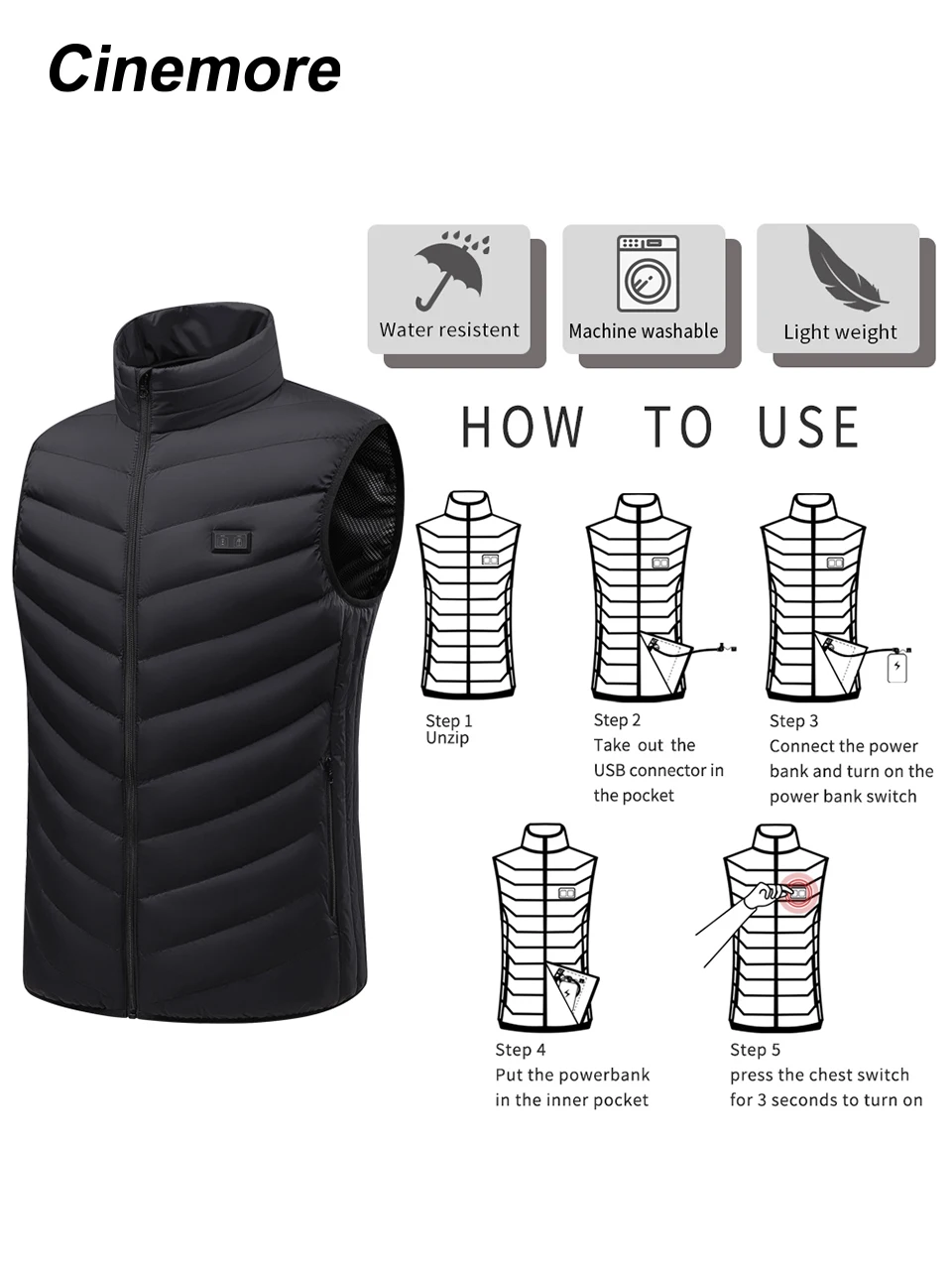 Cinemore Winter Men's Heated Down Vest Classic Zipper Design Men-8991