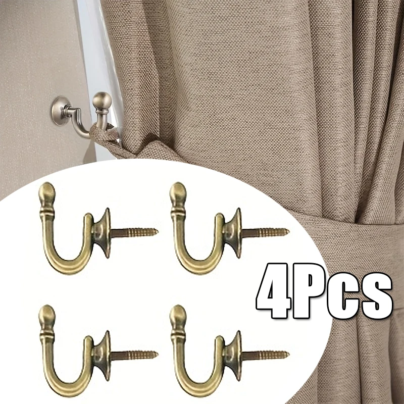4Pcs Antique Bronze Curtain Hook Decor Metal Wall-Mounted Curtain Hanging Key Arc-Shaped Zinc Alloy Window Treatment Hardware