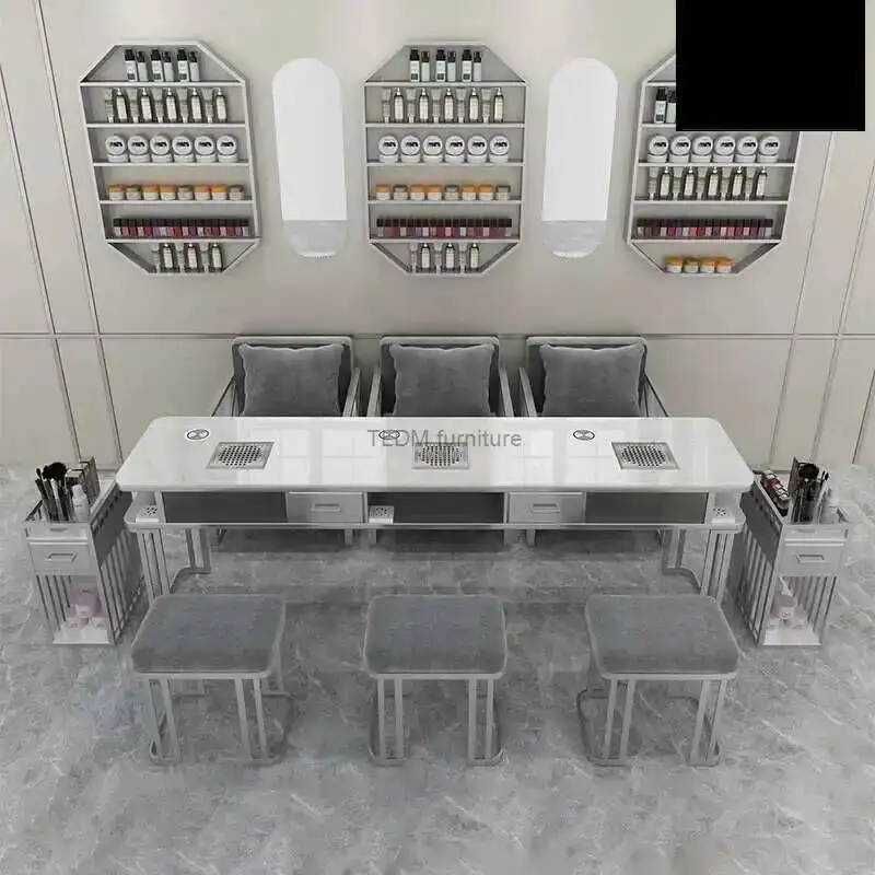 Set Light Luxury Silver Nail Tables Chair Professional Salon Furniture for Beauty and Salon Manicure Table with Vacuum Cleaner
