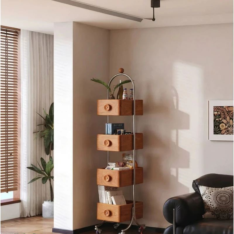 Movable new shelf floor light luxury high sense solid wood corner bookshelf storage cabinet antique wine cabinet