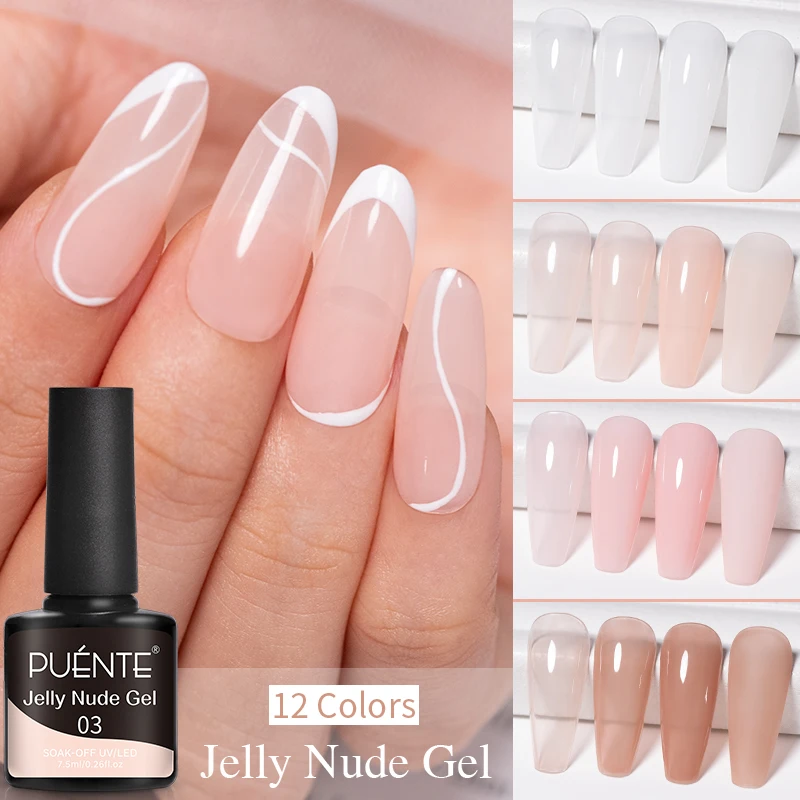 PUENTE 12PCS Jelly Nude Gel Nail Polish Kit Translucent Nude Pink Color Soak Off UV Nail Gel Manicure Semi-Permanent Varnish Set