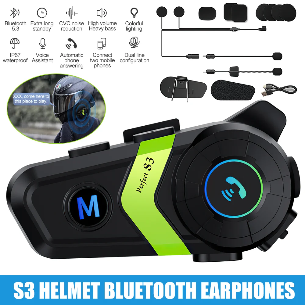 Motorhelm Headset Stereo Bluetooth Handen Ipx7 Waterdichte 2800Mah Met Tri-Color Omgevingslicht