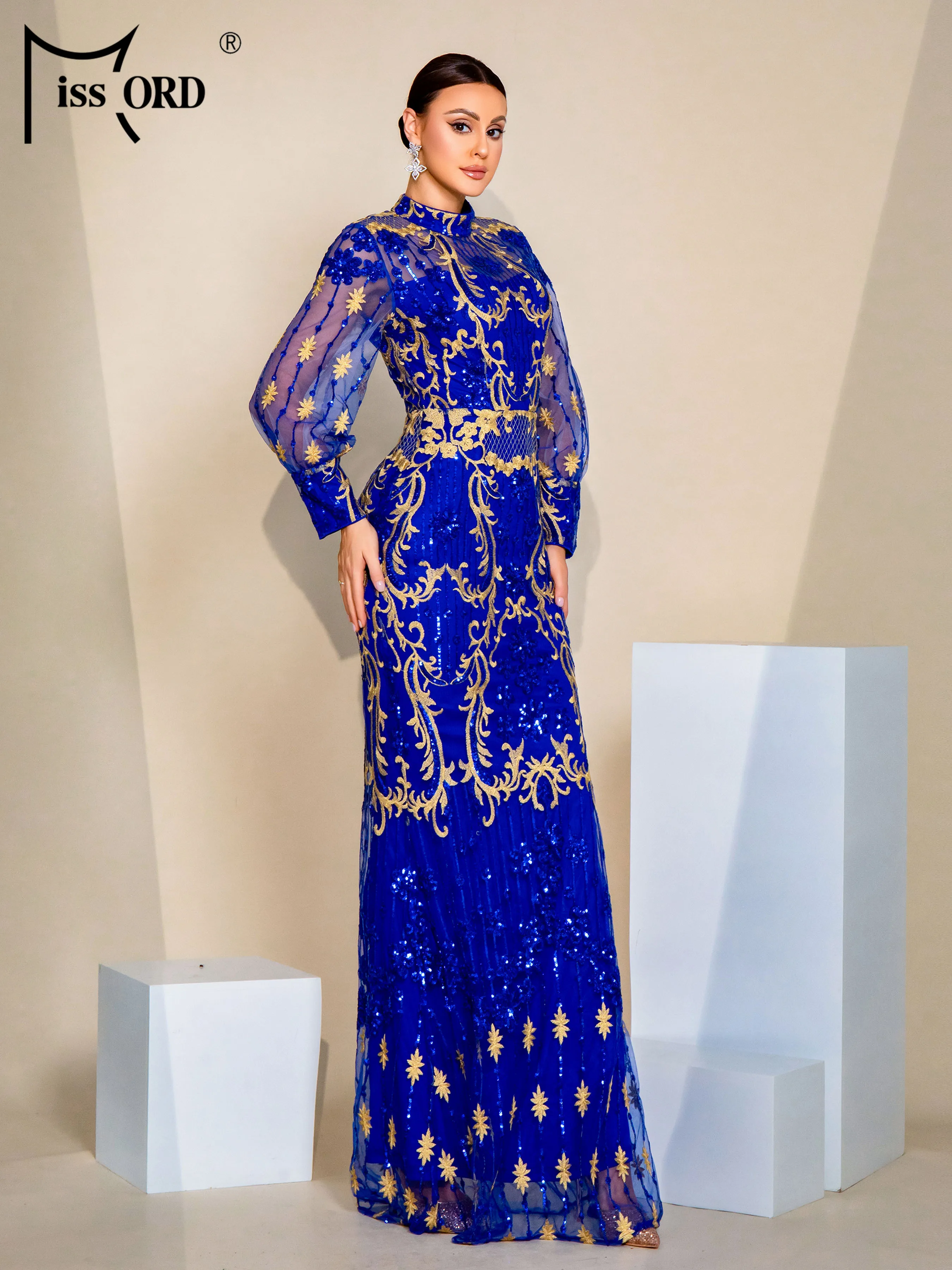 Missord New Round Neck Blue Lantern Sleeves Sequin Mermaid Evening Ethnic Style Wedding Birthday Party Prom Dress