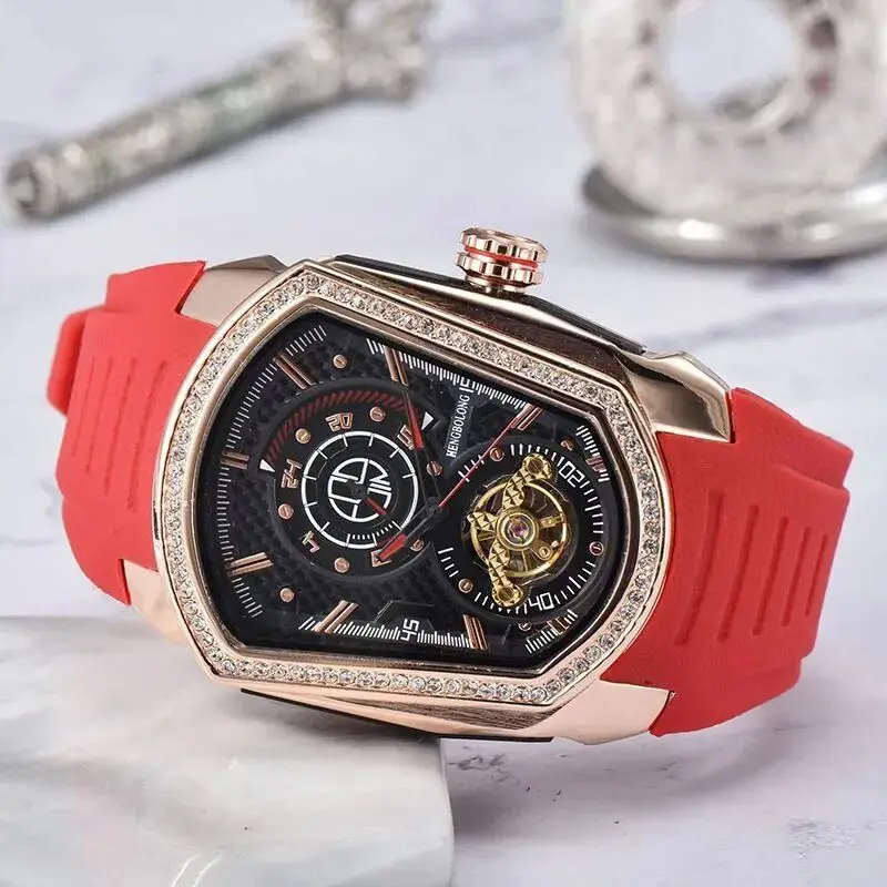 DUGARY Wine barrel fashion Automatic mechanical watch Tourbillon business Wristwatch rubber male diamond Relogio Masculino