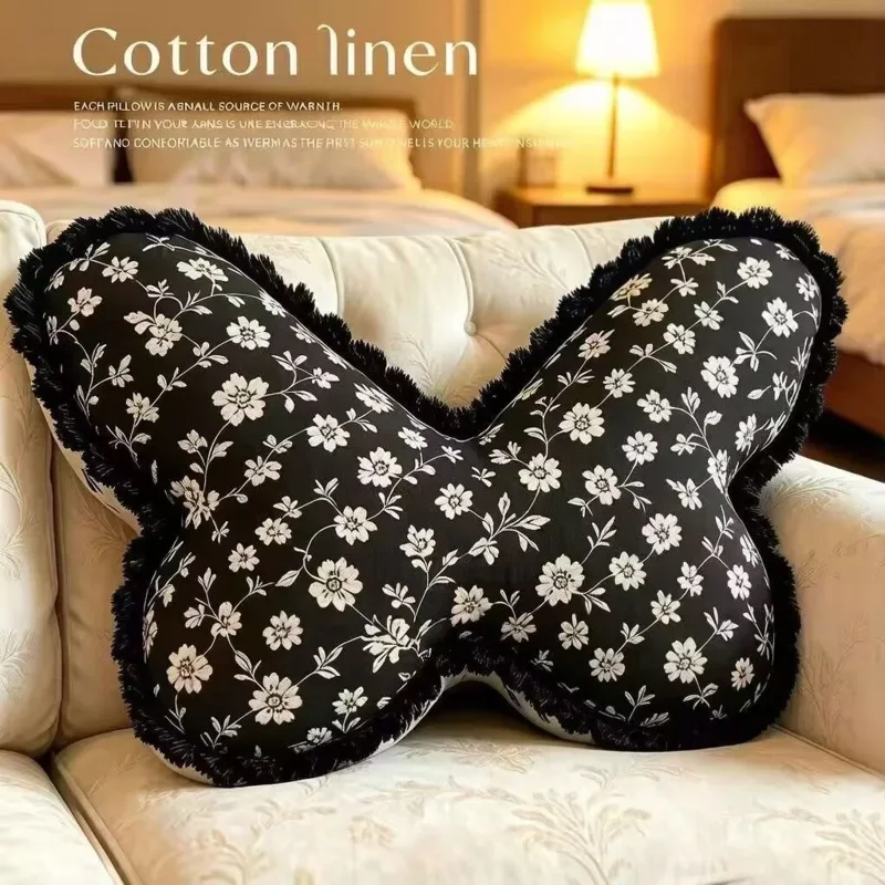 Cotton Linen Butterfly Pillow Cushion Soft Floral Throw Pillow Sofa Bed Headboard Lumbar Backrest Window Seat Home Cushion