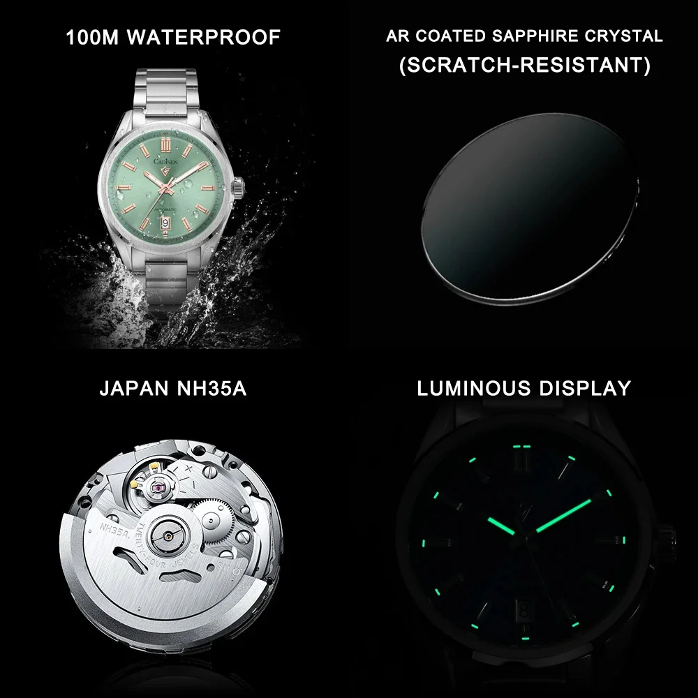 CADISEN 40mm Men Automatic Mechanical Watch Japan NH35 Movt Sapphire Stainless Steel AR Coating 10Bar Clock Green Watch For Men