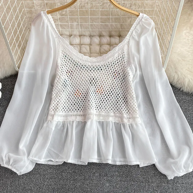 Boring Honey Chiffon Sleeve Splicing Clothes For Women Retro Round Collar Women's T-Shirt Hollow Out Embroidery Long Sleeves Top