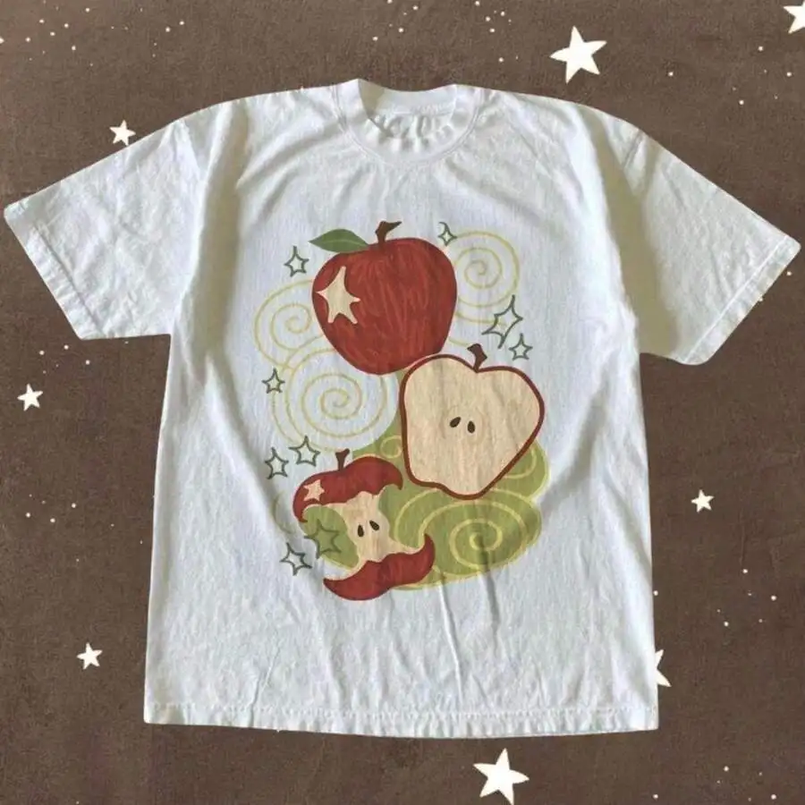 Unisex Cottagecore Soft Y2K Casual Tops 1Pc White Oversized Short Sleeve Vintage Bitten Red Apple Star Swirl Fruit Print Kawaii Aesthetic Tees