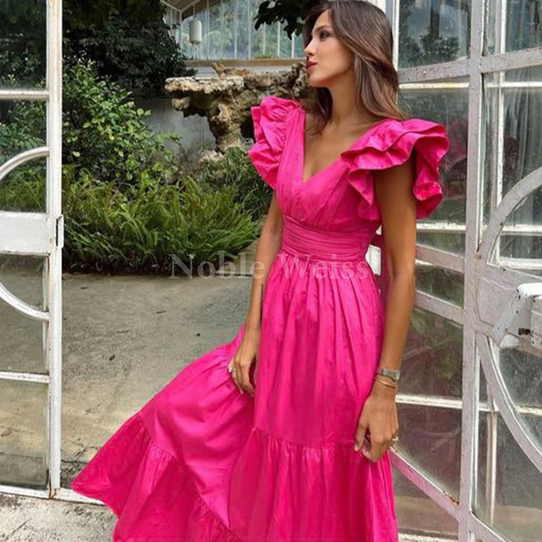 Abendkleider aus Satin mit V-Ausschnitt, A-Linie, Meerjungfrau-Falten, lange Ballkleider, individuell anpassbar