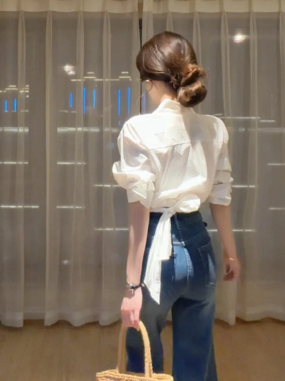 

White Collar Five-Quarter Sve irt Women's Spring Design Slimming Waist Tie Commute French Sle Breathable irt