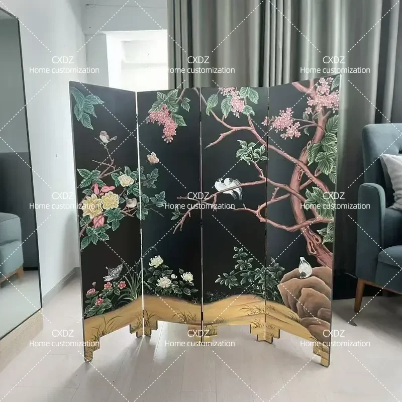 Medieval Style Black Folding Screen Room Divider for Living  Dining Room Tea Retro Relief Hand Painted Flower Bird