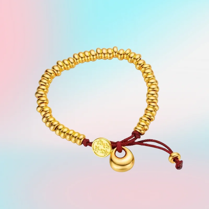 

new New9999 24K Real Gold Ladies Glossy Peace and Joy Coiled Red Rope Bracelet Hot Simple Women's Temperament Jewelry