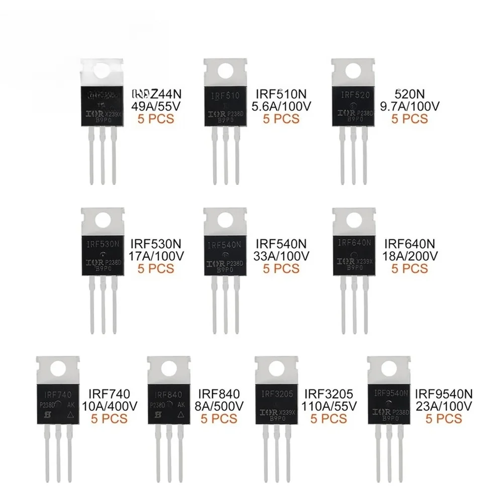 50PCS TO-220 MOSFET Transistor Kit IRFZ44N IRF510N IRF540N IRF3205 IRF9540N For Electronic Circuit DIY Repair And Power Supply