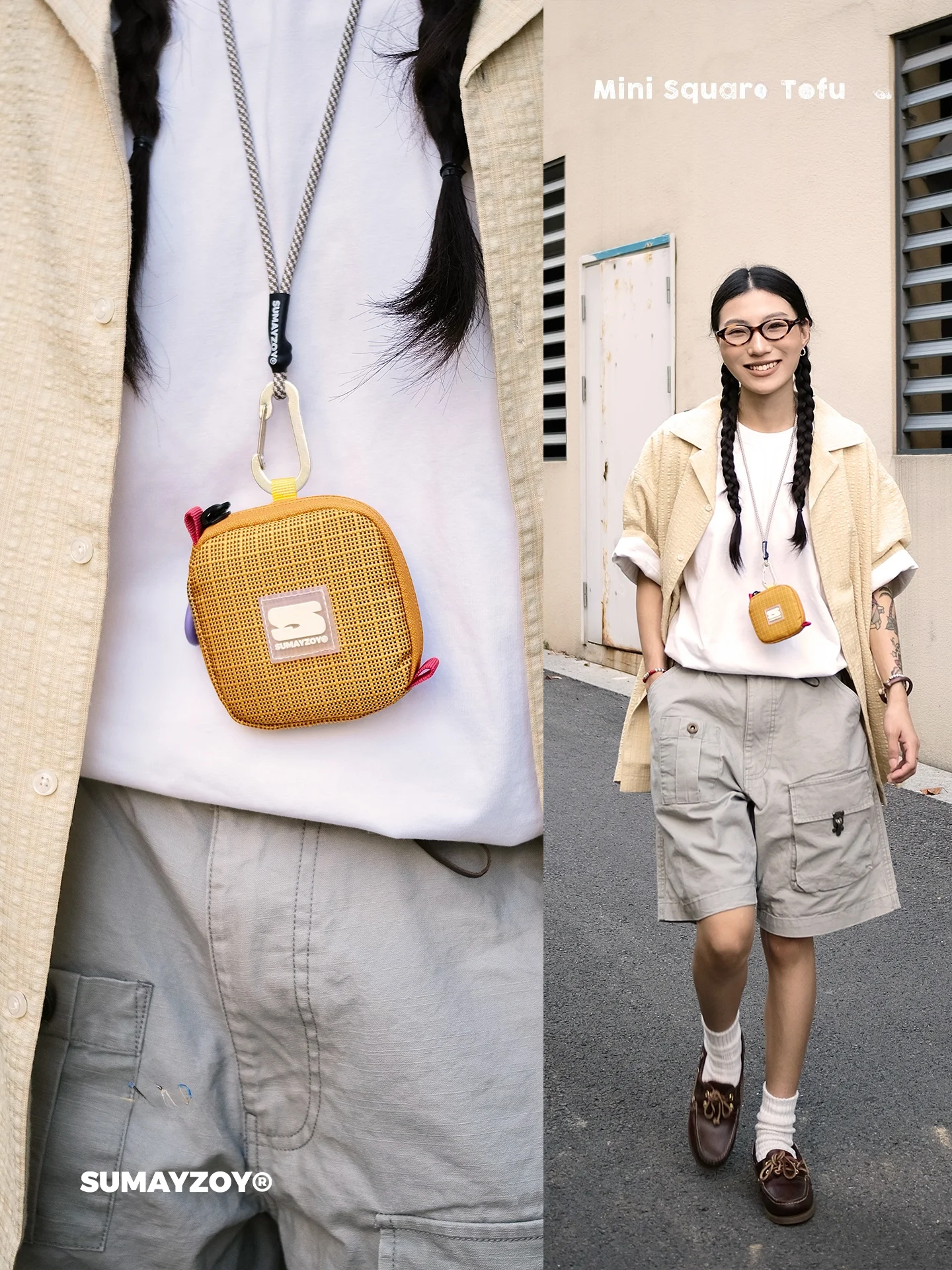  Tofu Neck Hanging Earphone Bag Lipstick Key Change Storage Card Holder Square Functional Bag for Daily Use Unisex